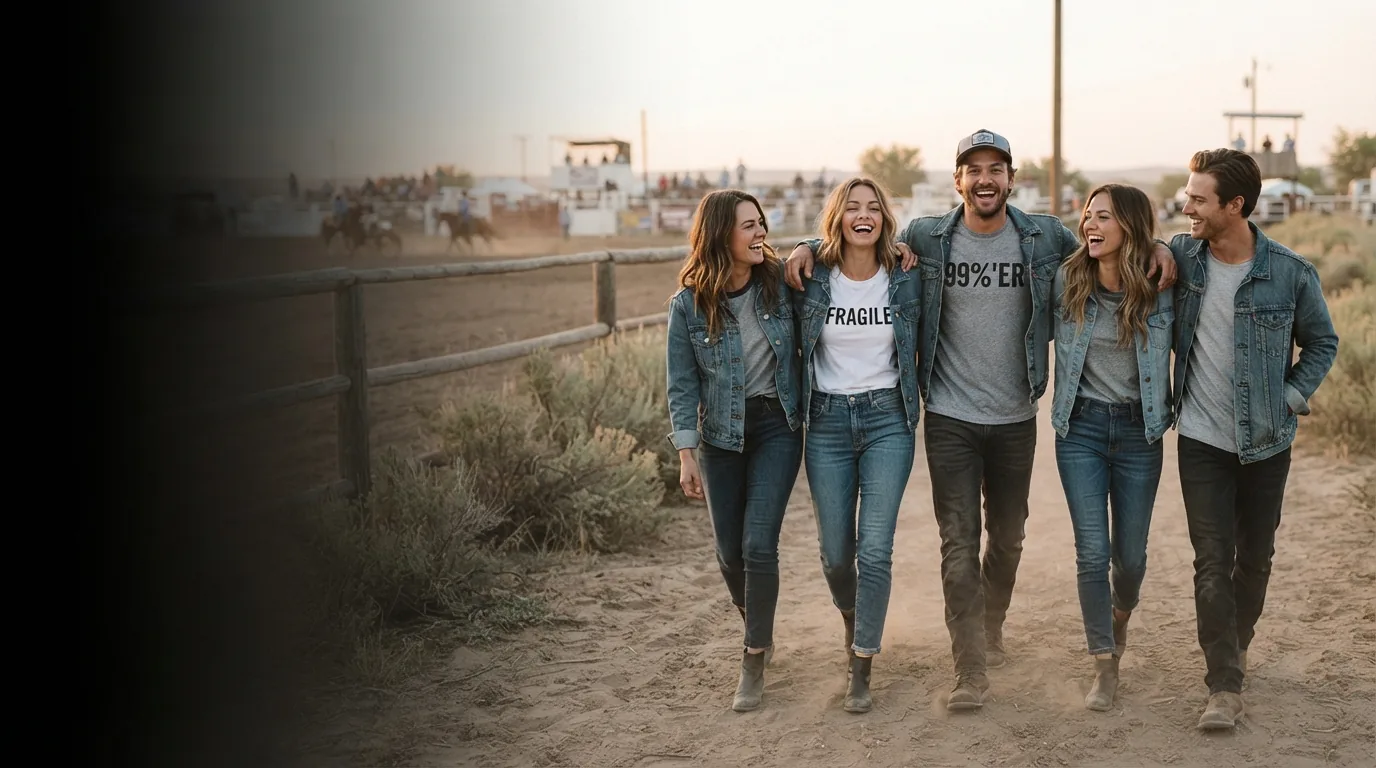 Five friends walking into the rodeo grounds in Fragile and 99%'er tees